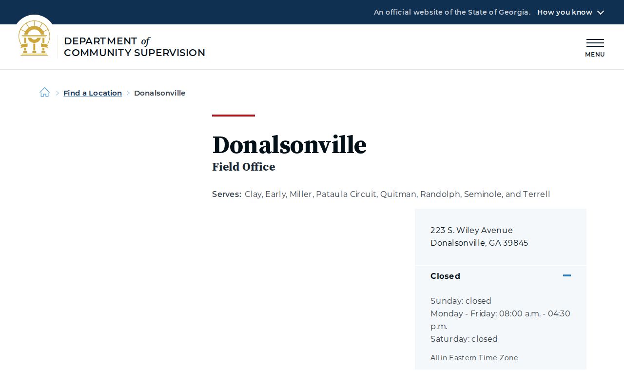 Miller County post-release supervision office listing for Donalsonville DCS